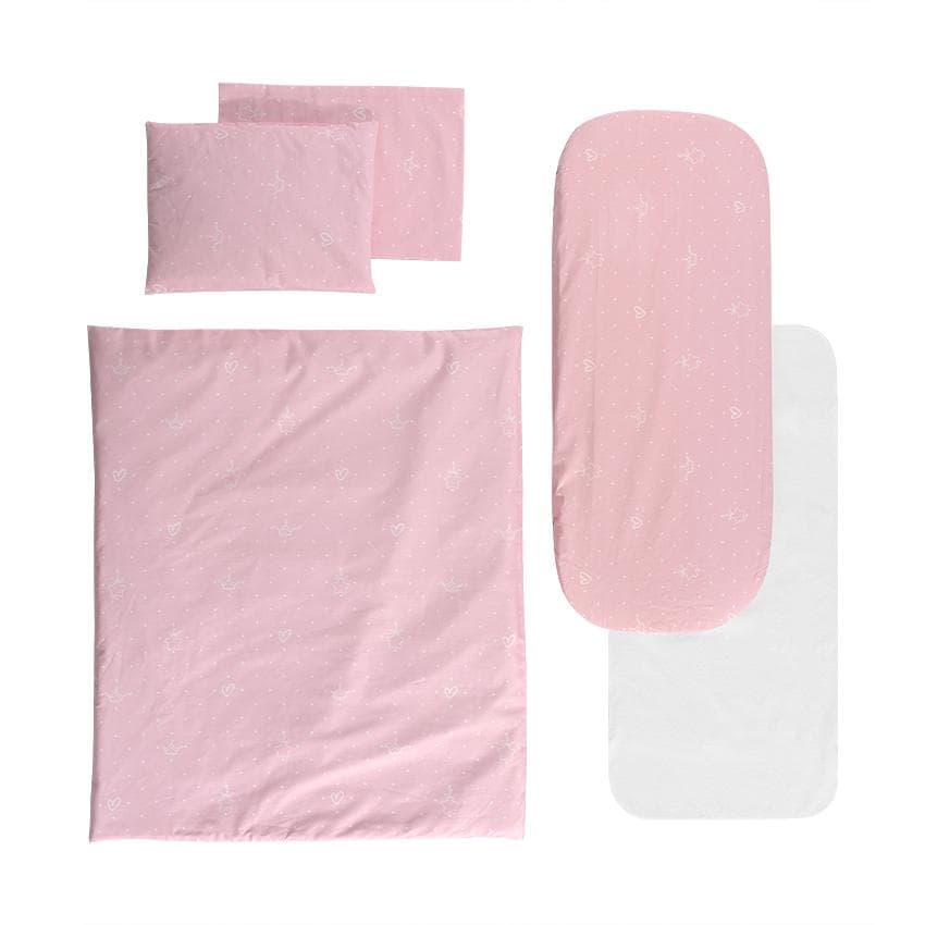 Set lenjerie pentru carucior Lorelli Little Bear Pink cu 6 piese si protectie impermeabila