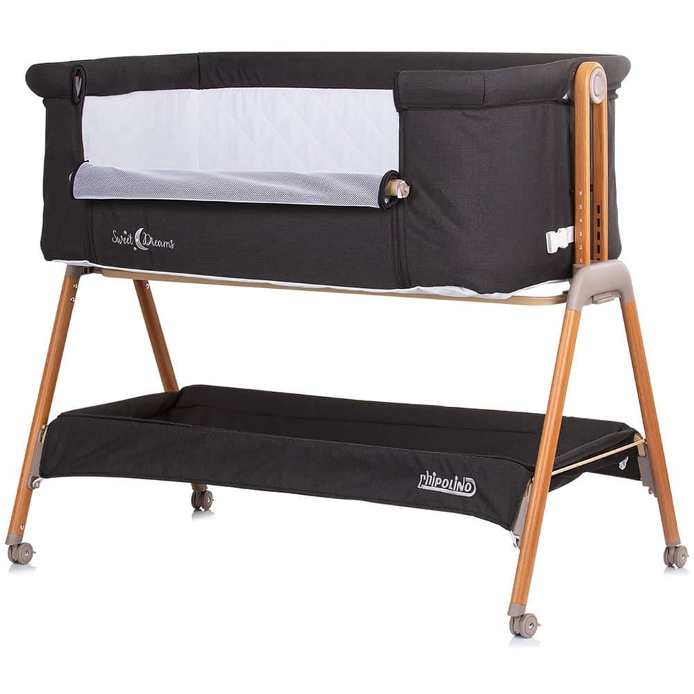 Patut co-sleeper Chipolino Sweet Dreams graphite wood inaltime reglabila, saltea cu pozitie anti reflux, laterala culisanta, cadru usor din aluminiu