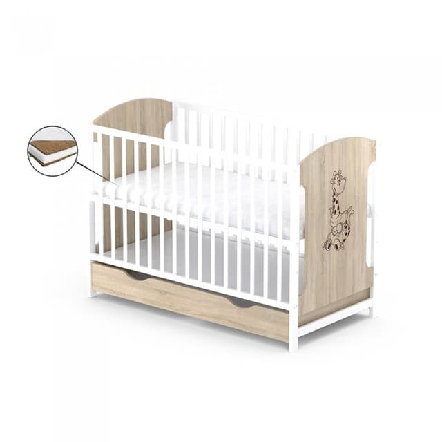 Patut cu sertar Vessanti Milo Girafa Stejar cu alb + Saltea Cocos 12 cm