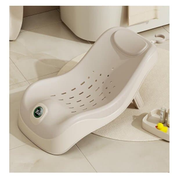 Suport de baie pentru copii Little Mom Beige, pliabil, model anatomic, cu afisaj de temperatura, tetiera si spatar ajustabil, dimensiune 22.5 x 29 x 55 cm
