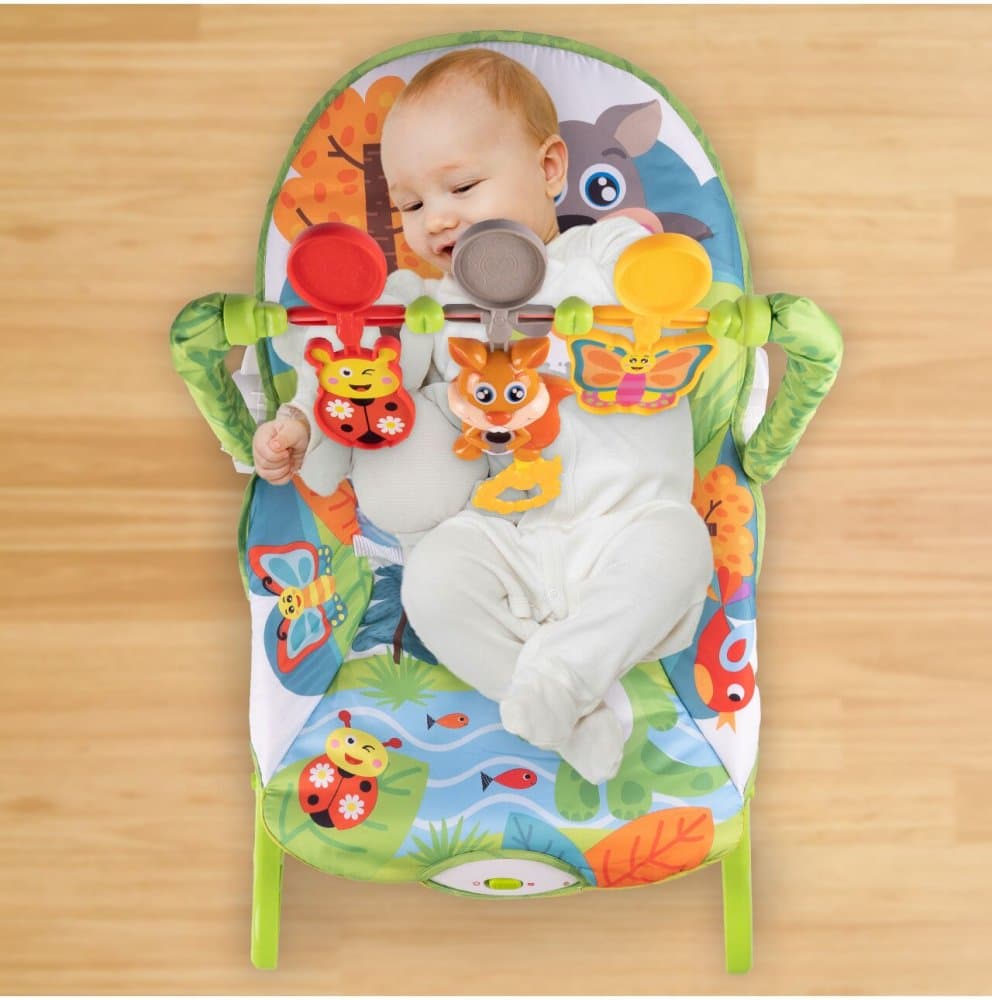 Balansoar multifunctional pentru copii Malplay, cu Muzica, Vibratii, bara detasabila cu 3 jucarii suspendate, Scaunel rabatabil in 2 pozitii, Husa detasabila, Green