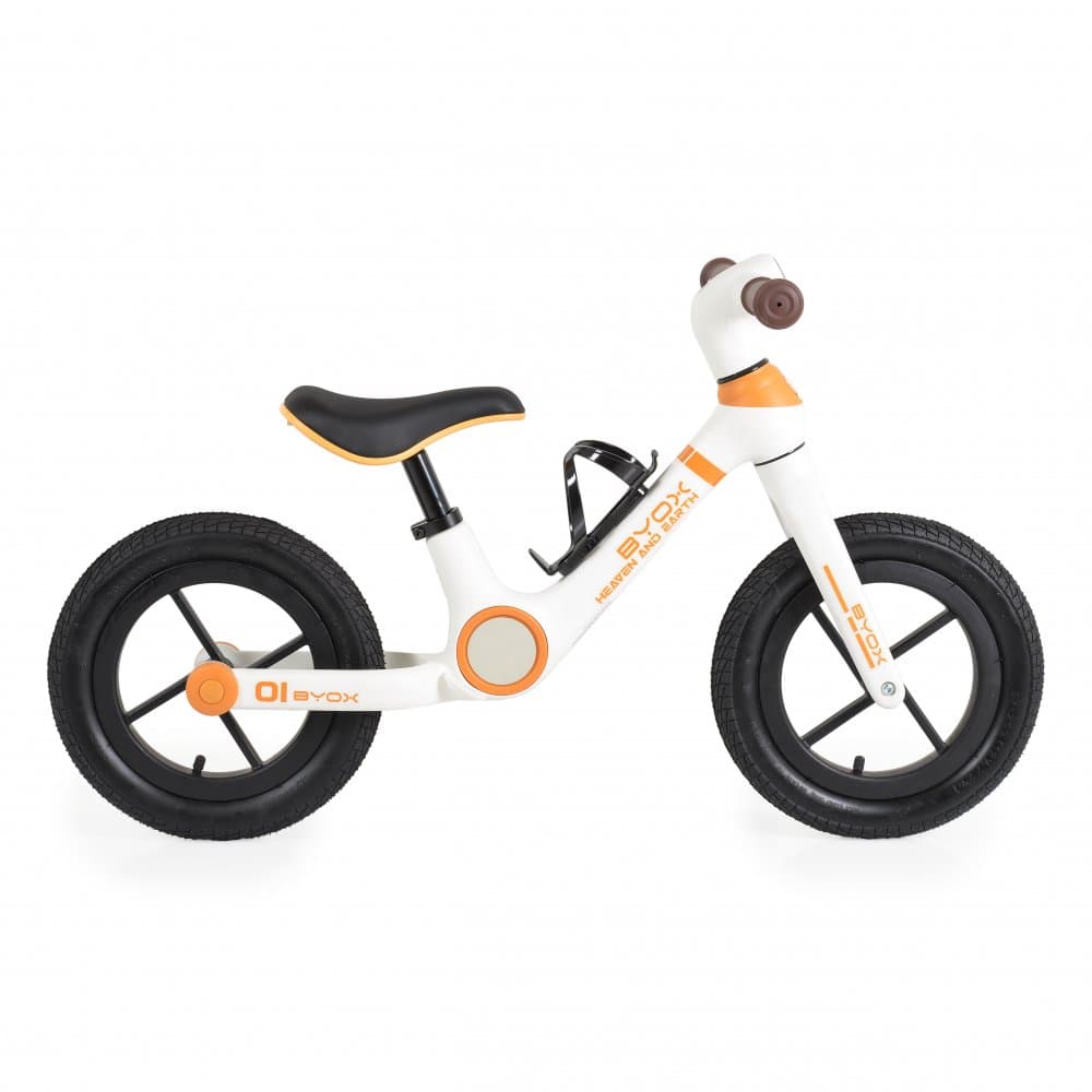 Bicicleta fara pedale Byox Orb White cu roti 12 inch gonflabile, Sa reglabila de la 35cm la 41 cm, Suport sticla de apa inclus, Greutate maxima suportata 50 kg