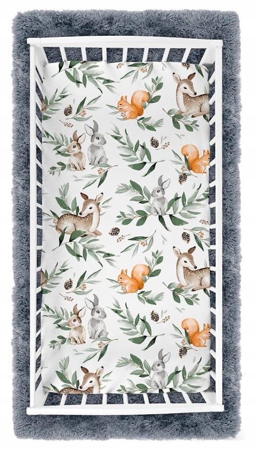 Cearceaf cu banda elastica pentru pat copii, dimensiune 140 x 70cm, 100 bumbac, BabyMam Forest Animals
