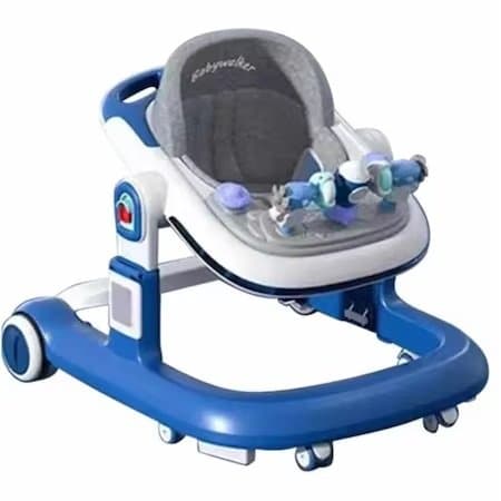 Premergator pentru copii Little Mom Rocket Blue cu functie de antepremergator, cu sezut reglabil in inaltime, panou interactiv detasabil, cu roti silentioase, sistem de franare, dimensiune 76 x 58 x 60 cm