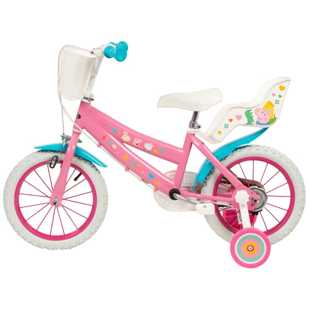 Bicicleta copii Toimsa Peppa Pig Pink 16 inch, cu cosulet frontal si scaunel pentru papusi, de la 5 ani, inaltimea recomandata 110-120 cm, scaun si ghidon reglabile, roti ajutatoare detasabile