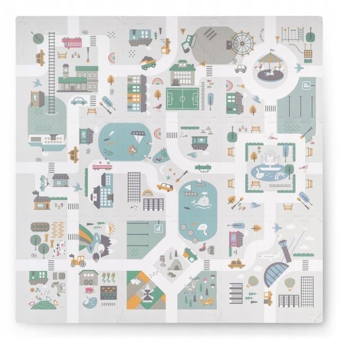 Covor puzzle multifunctional pentru copii Nukido Town 105x105x1 cm din spuma EVA inodora, 9 piese cu doua fete, izoleaza perfect de sol,material anti-alunecare,piese cu functie de pioni