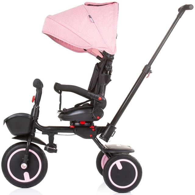 Tricicleta pentru copii Chipolino Quick Fold Rose water pliabila, cu sezut reversibil, suport pentru picioare, maner cu control al directiei, spatar reglabil pe spate, scaun cu husa moale si frana pe rotile din spate