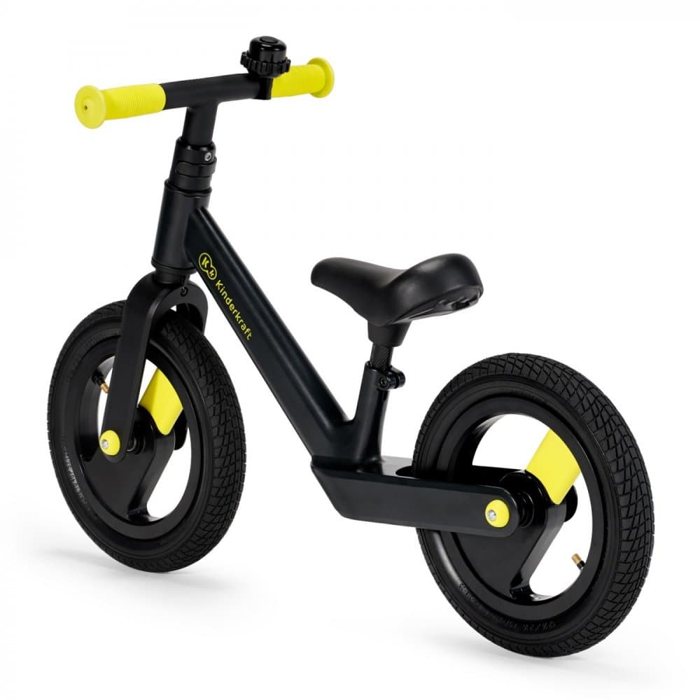 Bicicleta copii fara pedale Kinderkraft Goswift black 12 inch, scaun reglabil pe inaltime 34-42 cm, varsta 3-6 ani, cadru magneziu, roti gonflabile, ghidon reglabil pe inaltime