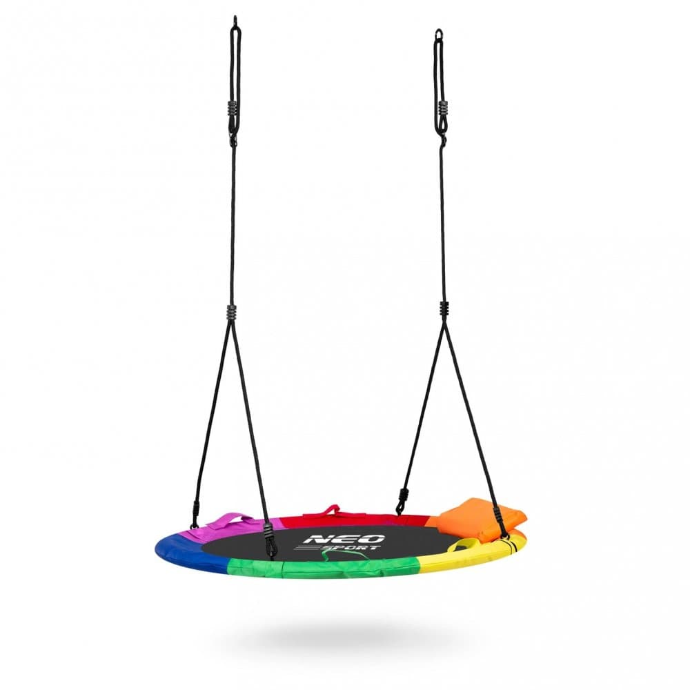 Leagan tip cuib pentru copii XXL 95 cm Neo-Sport Multicolor, Perna atasata cu Velcro inclusa, Cadru din otel, Husa impermeabila si rezistenta din material Oxford 600D, Greutate suportata 150 kg