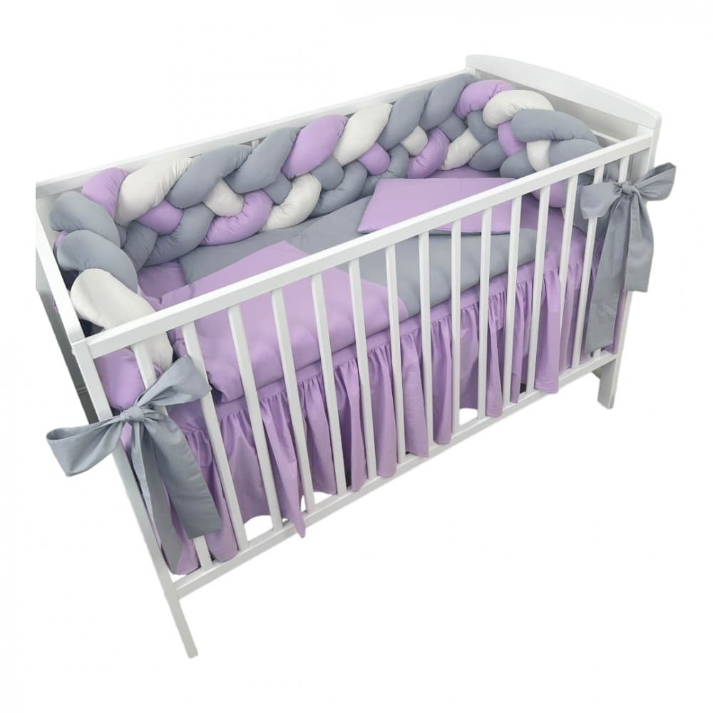 Lenjerie de pat 120x60 cm cu aparatoare impletita 240 cm cu paturica, pernuta slim si cearceaf lila-alb-gri