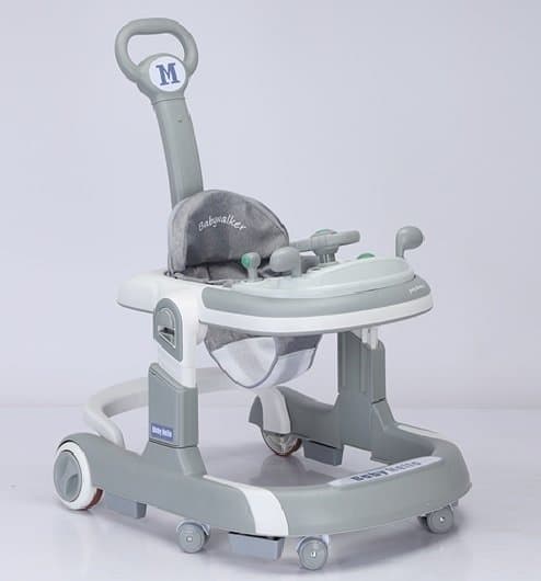 Premergator 3 in 1 pentru copii Little Mom Hello Grey pliabil, cu maner parental, cu panou muzical detasabil, cu sezut reglabil in inaltime, cu 6 roti silentioase, sistem de franare, dimensiune 74 x 60 x 86 cm