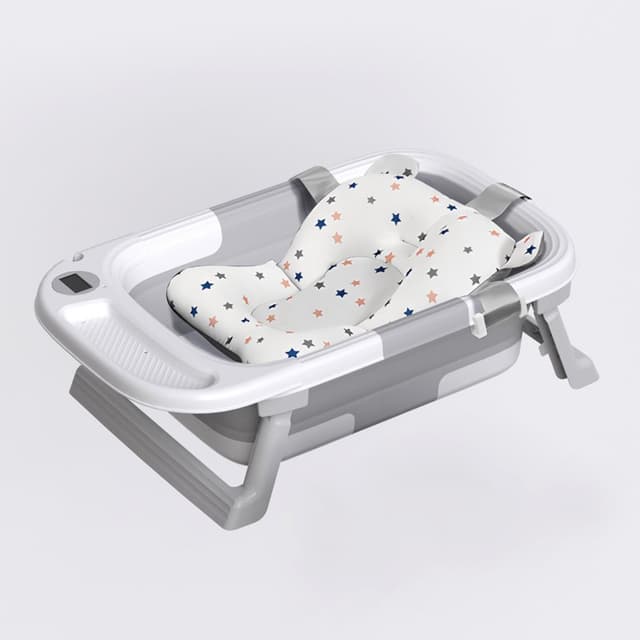 Set Cadita Little Mom Grey ultrapliabila si hamac pentru copii, cu dop evacuare, display afisare temperatura, margini rotunjite, dimensiuni 21 x 42 x 69.5 cm