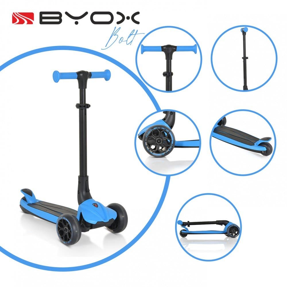 Trotineta pentru copii Byox Bolt Albastru pliabila,cadru din aluminiu,inaltime ghidon reglabila pe 3nivele,roti PU si baza cu lumini LED ,de la 3ani si pana la 50kg