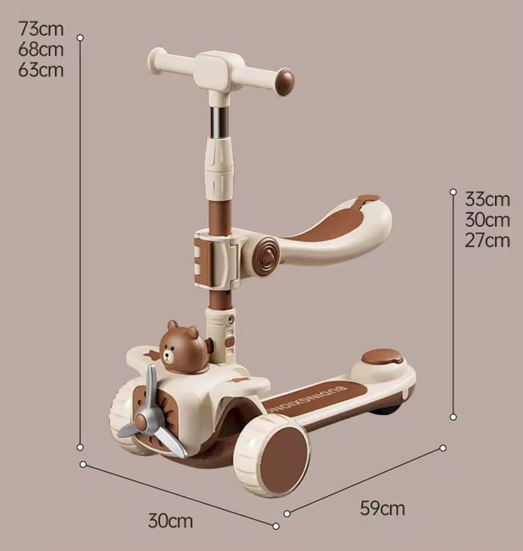 Trotineta 3 in 1 pentru copii, Nichiduta, pliabila, cu ghidon reglabil, manerele ergonomice, muzica, roti silentioase din PU cu lumini LED, echipata cu scaunel si maner parental, dimensiune 59 x 30 x 73cm, Curry Bear