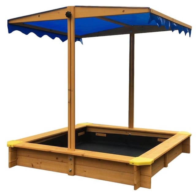 Cutie de nisip pentru copii Ginger Home Blue cu copertina reglabila si impermeabila tratata cu protectie UV30, 117x117 cm,Capacitate de incarcare 200 kg,colturi cu protectii din plastic