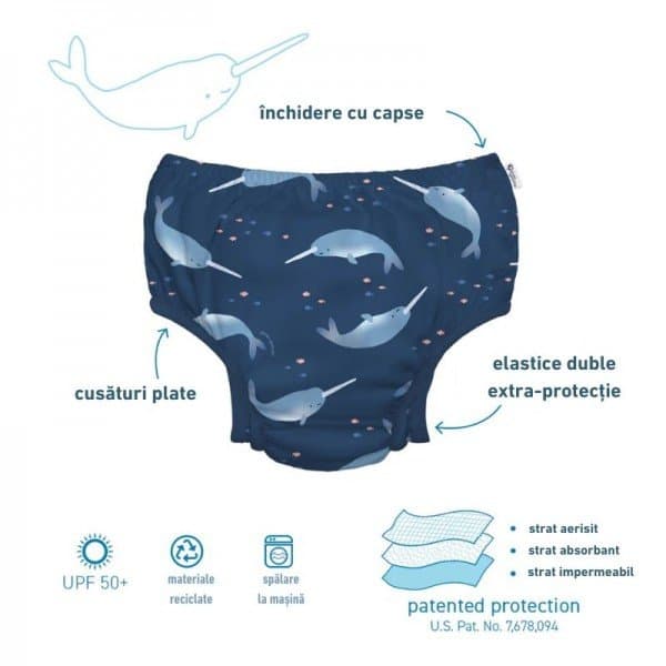 Slip fete eco SPF 50+ pentru inot cu volanase Green Sprouts by iPlay White Turtle Floral 12 luni