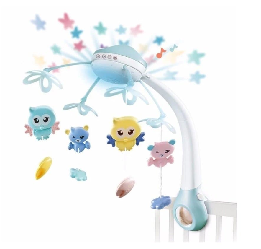 Carusel muzical pentru copii, Malplay, cu 13 melodii, rotire completa de 360 de grade, 4 jucarii suspendate, proiectii luminoase si telecomanda, 56 x 40 x 43 cm, blue