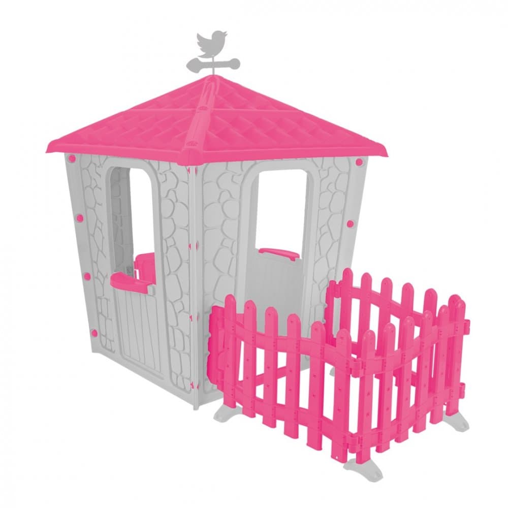 Casuta de gradina pentru copii Pilsan Stone House PinkGrey cu gardulet inclus, utilizare interiorexterior,plastic rezistent UV, design realist