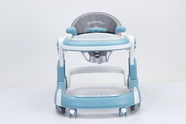Premergator copii 2 in 1 Little Mom Hello Blue pliabil, cu panou muzical detasabil, cu sezut reglabil in inaltime, cu 6 roti silentioase, sistem de franare, dimensiune 74 x 60 x 60 cm