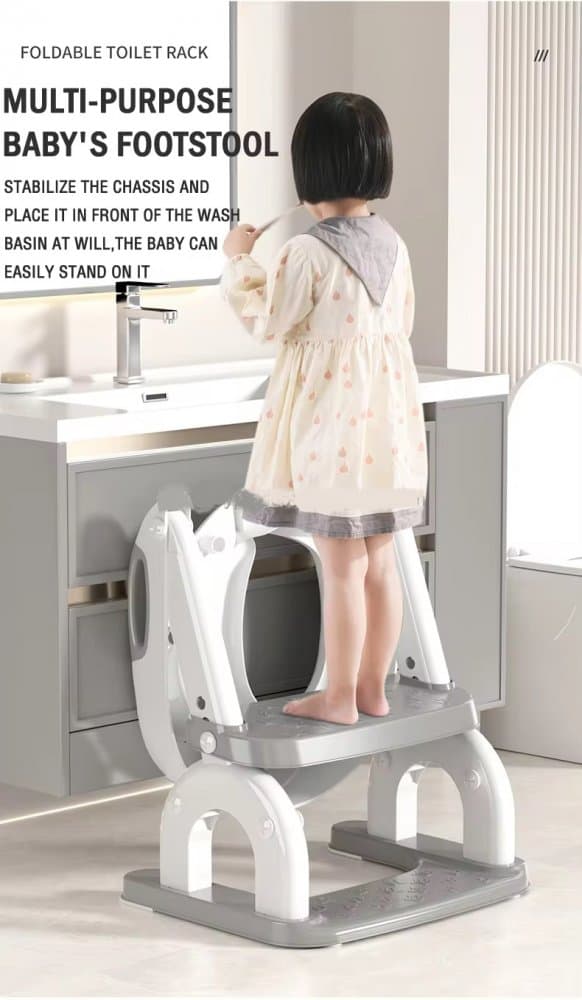 Reductor WC copii cu scarita 2 in 1 Little Mom Grey Teddy, pliabil cu colac moale detasabil, suport lat pentru picioare, manere ergonomice si protectie antistropire, inaltime reglabila, compatibilitate universala