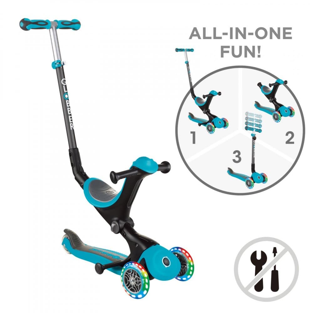 Trotineta evolutiva Globber Go-Up 4 in 1 Deluxe Lights Turquoise, ghidon reglabil, scaun, maner parinte, roti cu Led, greutate admisa 50 kg