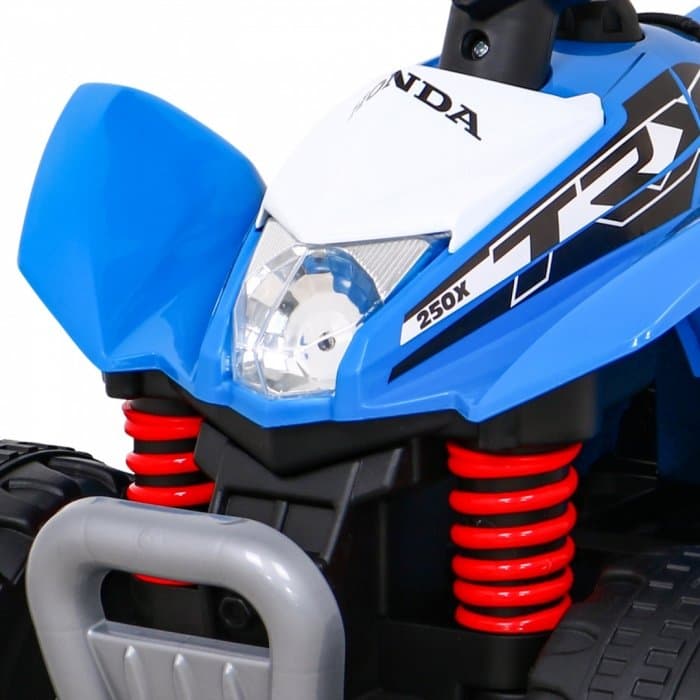 Atv electric pentru copii Honda 250X TRX 64x38x43 cm albastru 30W cu panou audio, lumini, scaun piele si pedala acceleratie