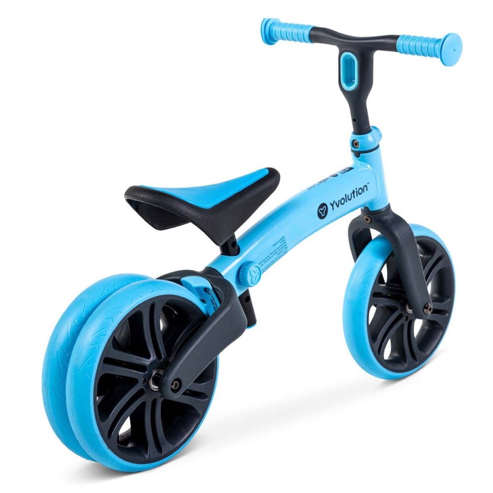 Bicicleta copii fara pedale Yvolution Y Velo Junior blue 9 inch, roti duble spate, varsta 18 luni-3 ani, scaun si ghidon reglabile in inaltime, greutatea maxima a copilului 20 kg