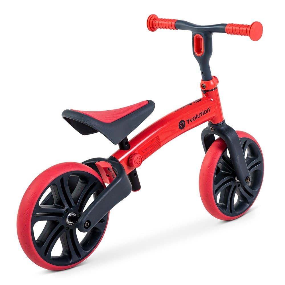 Bicicleta copii fara pedale Yvolution Y Velo Junior red 9 inch, roti duble spate, varsta 18 luni-3 ani, scaun si ghidon reglabile in inaltime, greutatea maxima a copilului 20 kg