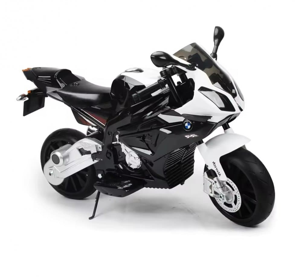 Motocicleta electrica pentru copii 12V 90W BMW 528 RR cu pornire la cheie, roti eva si scaun de piele, doua motoare puternice si cric pliabil