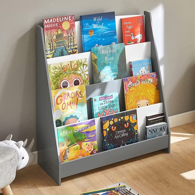 Organizator din lemn pentru copii Ginger Home AlbGri cu 4 rafturi pentru carti si reviste,61x30x70 cm
