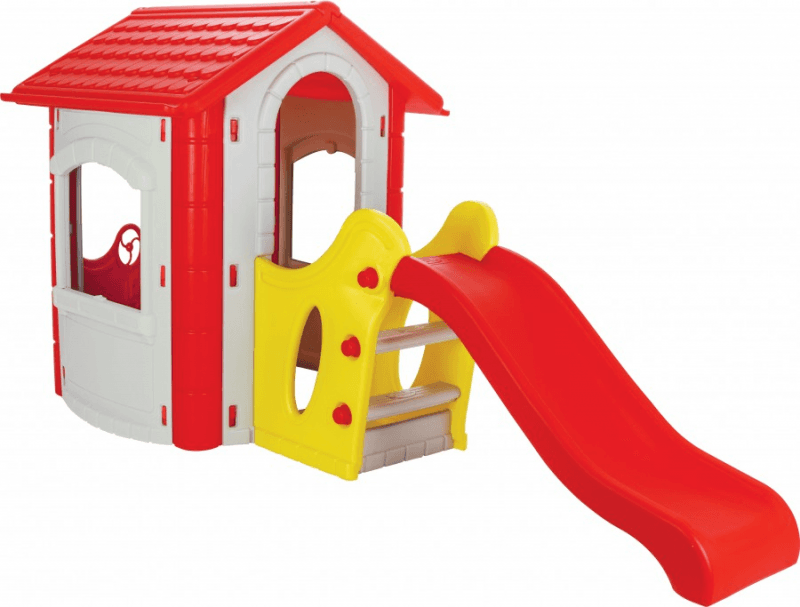 Casuta de gradina pentru copii Pilsan Happy House GriRosu cu tobogan integrat, plastic rezistent la intemperii, ferestre mobile, 252x131x112 cm, utilizare interiorexterior