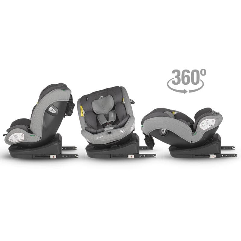 Scaun auto cu Isofix Coccolle Nyota Moonlit Grey 40-150 cm, i-Size, 4 pozitii inclinare, Rotire 360 cu o singura mana, Tetiera reglabila, Husa detasabila, Sistem antibasculare Top Tether, Pozitie somn, 0-12 ani