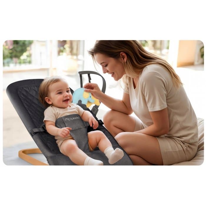 Balansoar 2in1 pentru bebelusi Nukido Baby Bouncer Antracit, de la nastere si pana la 9kg, pliabil, centura de siguranta, spatar reglabil, husa detasabila si jucarii