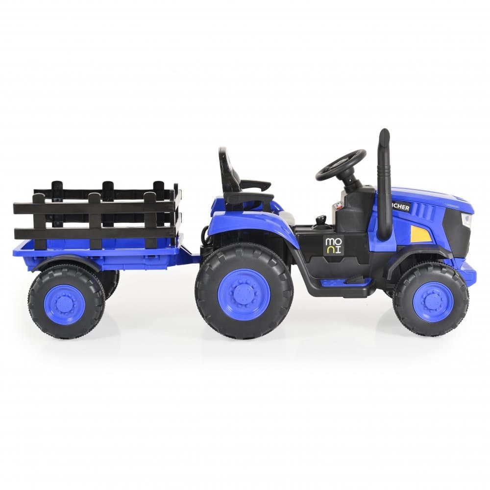 Tractor electric pentru copii Moni Rancher Blue 70W cu remorca si telecomanda, pornire la buton, Panou audio, lumini si claxon