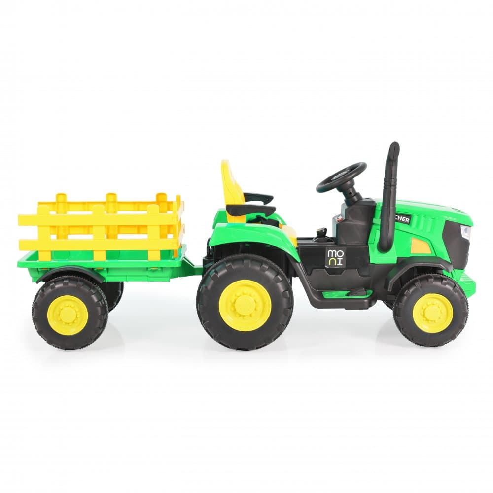 Tractor electric pentru copii Moni Rancher Green 70W cu remorca si telecomanda, pornire la buton, Panou audio, lumini si claxon