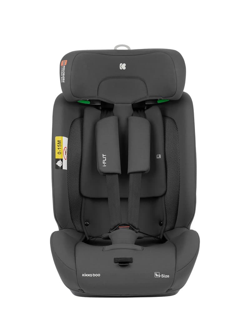 Scaun auto cu isofix KikkaBoo 76-150 cm i-Flit i-SIZE Dark Grey,conectori isofix telescopici,tetiera reglabila in 12 pozitii,perna reductor,ghidaj multi centura,SPS-sistem de protectie laterala,top tether,spatar reglabil
