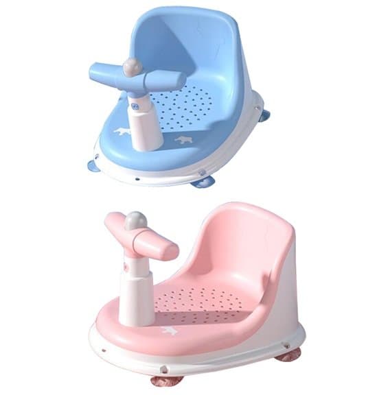 Scaunel de baie pentru copii Little Mom Baby Crown Pink, design ergonomic cu spatar, cu husa detasabila din cauciuc, cu ghidon de sustinere si Claxon, dimensiune 20 x 30 x 36 cm