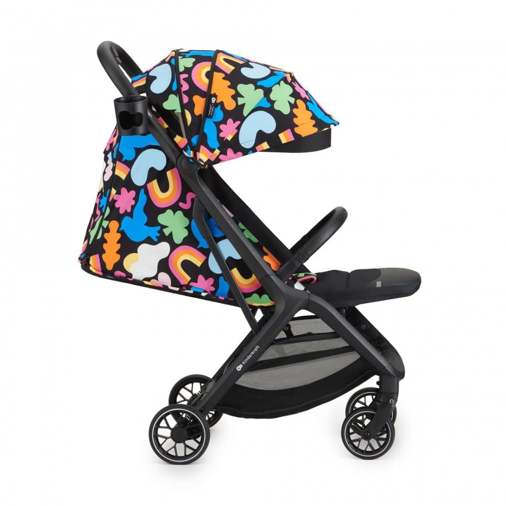 Carucior sport cu pliere compacta KinderKraft Nubi 2 Happy Shapes, spatar reglabil, pozitie somn, capotina cu filtru UV, plasa de tantari si suport pentru biberon