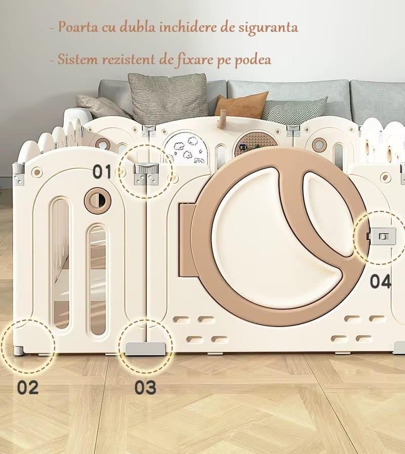 Gardulet loc de joaca interiorexterior Nichiduta Garden Moon Coffee 200x200cm cu poarta de siguranta, cos de baschet, Tabla de scris, covoras din spuma 1cm grosime, Cuburi, Cosulet pliabil si 100 bile