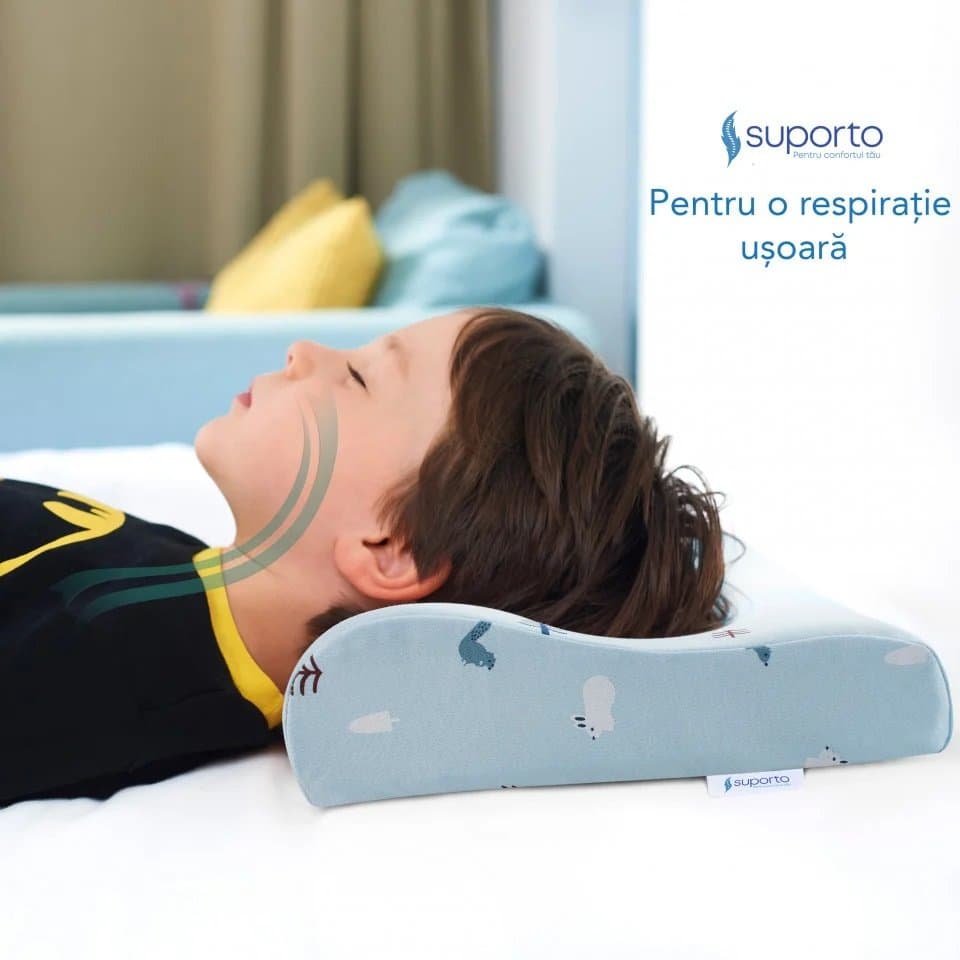 Perna ortopedica si hipoalergenica din spuma cu memorie 2-9 ani Suporto Albastru, husa din bumbac, 2 inaltimi pentru dormit si suport cervical