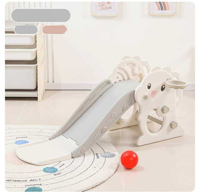 Tobogan pentru copii Nichiduta Garden Little Grey Dragon, design pliabil, cu mini-cos de baschet, prevazut cu scara, manere de sustinere, dimensiune 38 x 115 x 54 cm