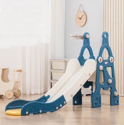 Tobogan pentru copii Nichiduta Garden Rocket Blue, prevazut cu scara si manere de sustinere, cu mini-cos de Baschet, dimensiune 150 x 38 x 91 cm