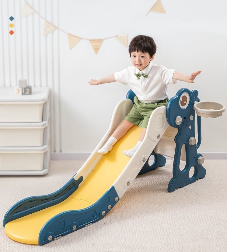 Tobogan pentru copii Nichiduta Garden Dinosaur Pink, cu mini-cos de Baschet si joc de precizie cu inele, prevazut cu scara, manere de sustinere, design pliabil, dimensiune 150 x 67.5 cm