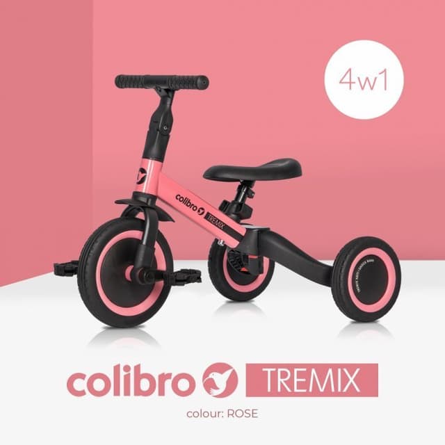 Tricicleta pentru copii Colibro Tremix Rose transformabila, 4 in 1, Ride On cu scaun reglabil, roti din cauciuc pana la 25 kg