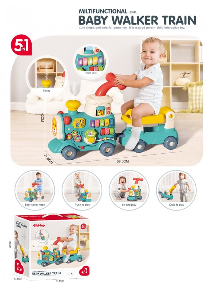 Antepremergator multifunctional 5 in 1 pentru copii Malplay Choo-Choo Blue, cu vagon-scaunel, sortator de forme, pian muzical iluminal cu 5 clape colorate, dimensiune 69 x 34 x 30 cm