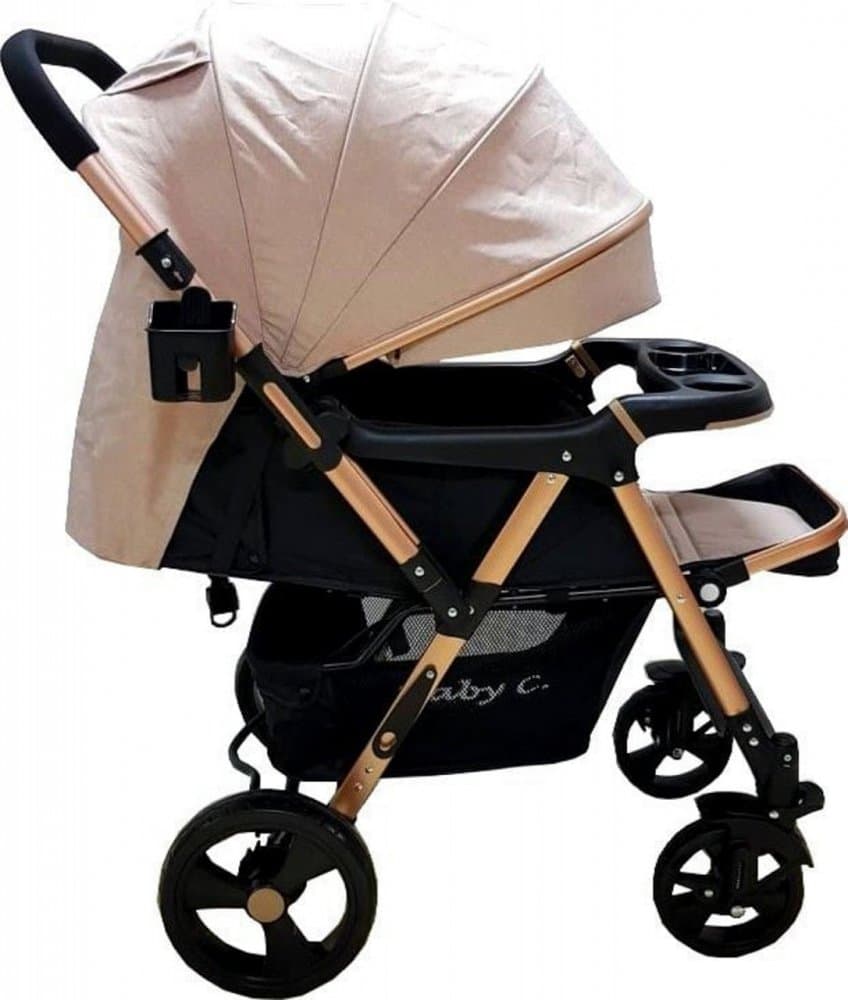 Carucior pentru copii Baby Care PRO 511 Crem, Cadru aluminiu, Maner reversibil, Spatar reglabil 5 trepte, Amortizoare, Frana picior