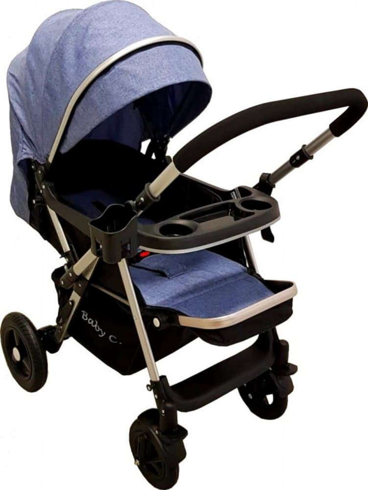Carucior pentru copii Baby Care PRO 511 Albastru Jeans, Cadru aluminiu, Maner reversibil, Spatar reglabil in 5 trepte, Amortizoare, Frana picior, Pliabil