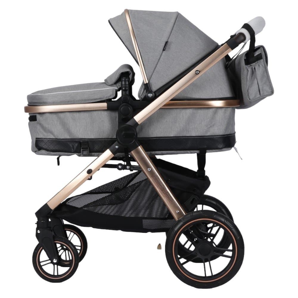 Carucior pentru copii Novokids X2000 series Gri 3 in 1 , spatar reglabil, reversibil, landou , geanta, cadru aluminiu Gold, amortizoare, roti din cauciuc, scoica auto, plasa insecte