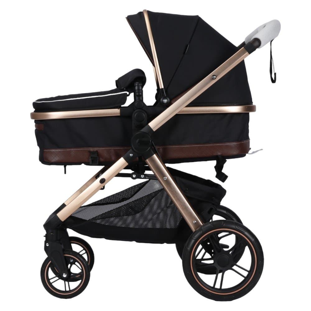 Carucior pentru copii Novokids X2000 series Negru 3 in 1 , spatar reglabil, reversibil, landou , geanta, cadru aluminiu Gold, amortizoare, roti din cauciuc, scoica auto, plasa insecte