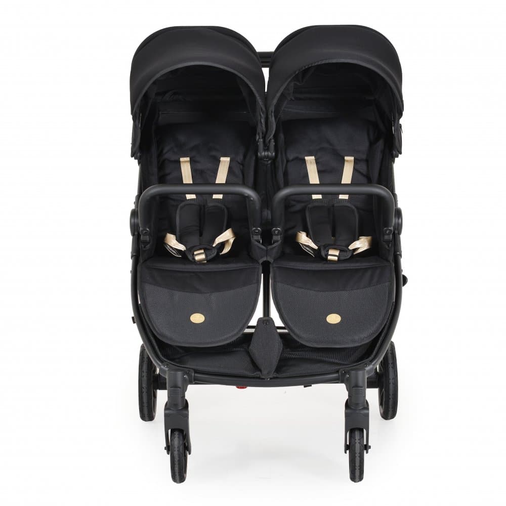 Carucior pentru gemeni Cangaroo 2Gether Modern Black cu Baldachin extensibil,Spatar si Suport pentru picioare reglabile individual,Roti fata din PU pivotante,Extra Suport picioare din cauciuc,recomandat de la nastere